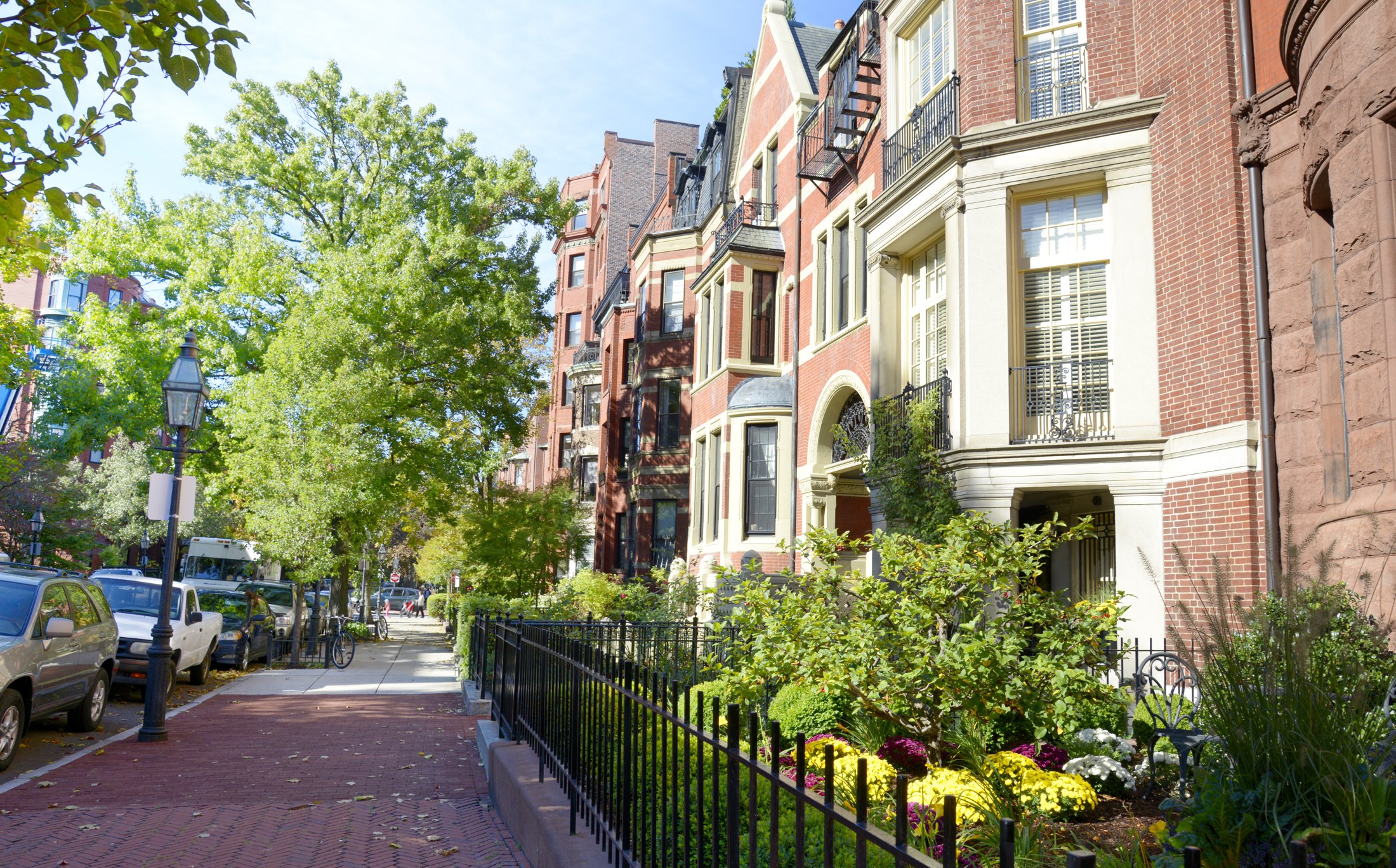 Boston brick homes along a leafy sidewalk